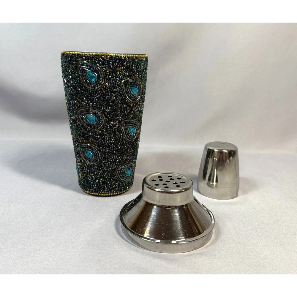Pier 1 Beaded Cocktail Shaker Peacock Feather Barware Stainless Mixology Retired